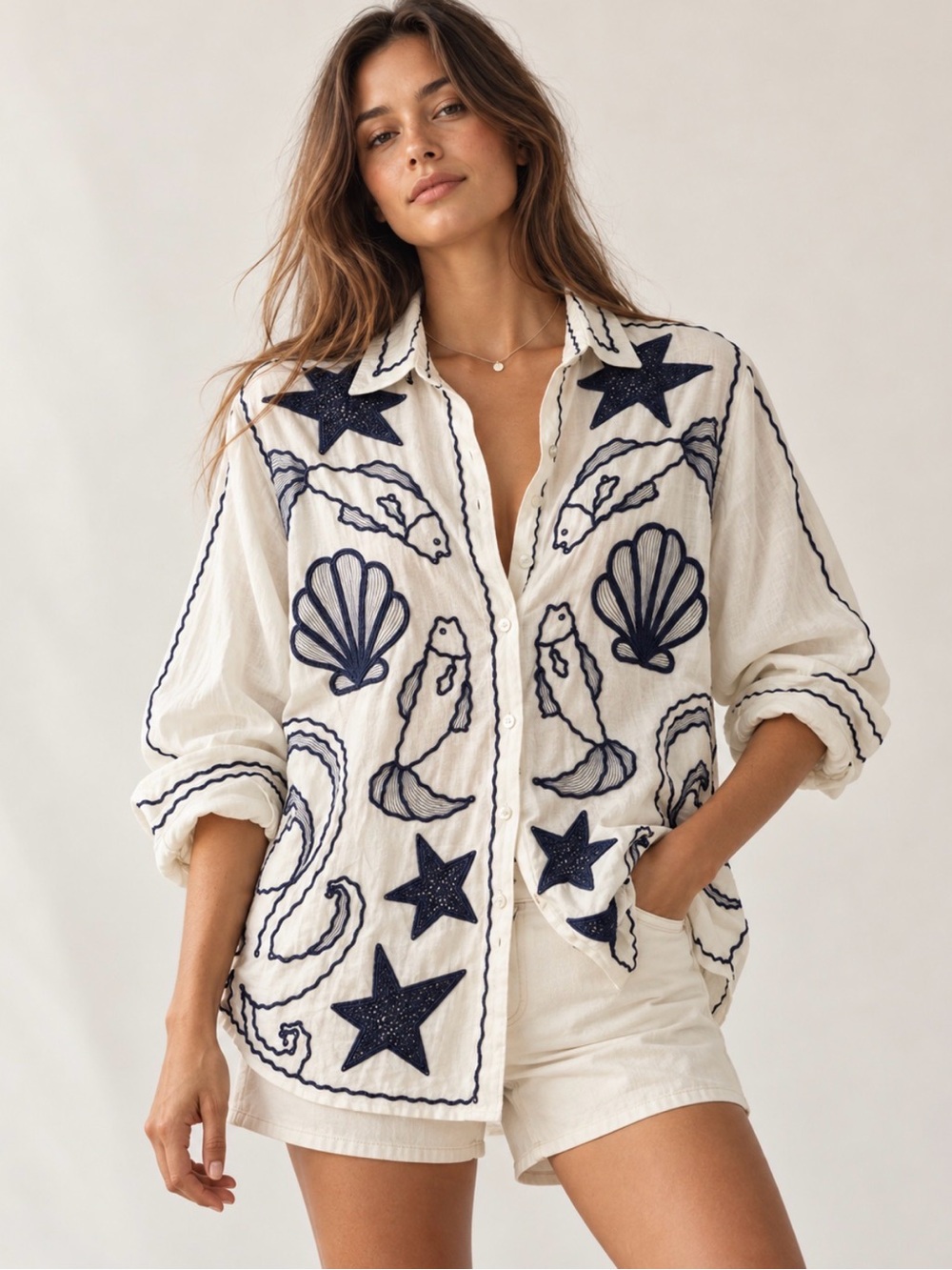 FARM Rio Fresh Fish White Linen Blend Navy Embroidered Shirt M NWT